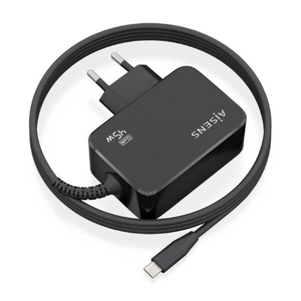 Cargador de Pared GaN Aisens ASCH-1PD45WL032-BK/ 1xUSB Tipo-C + Cable 1.8m/ 45W