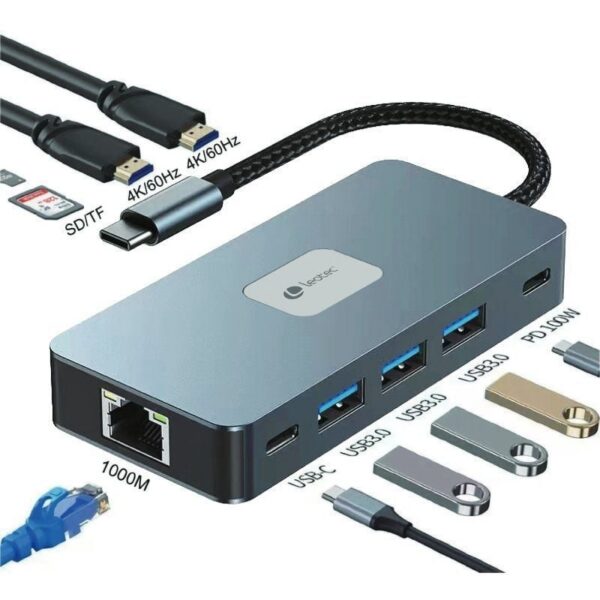 art_leo-dock20leds02_1-2 Docking USB Tipo-C Leotec LEDS02/ 3xUSB/ 1xUSB Tipo-C/ 1xUSB Tipo-C PD/ 2xHDMI 4K/ 1xRJ45/ 1xLector Tarjetas SD y MicroSD/ Gris