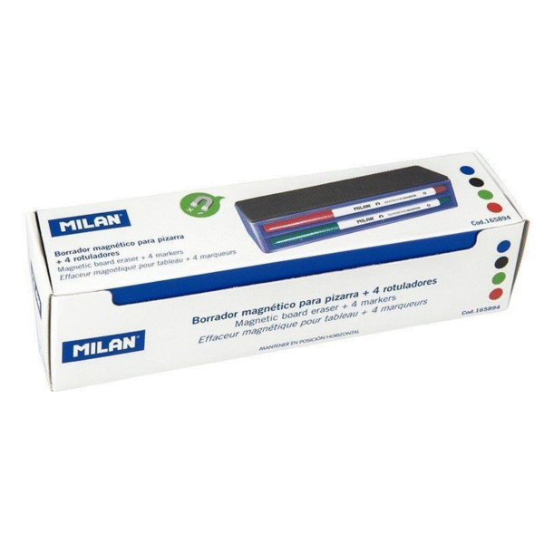 Pack Milan 165894/ Borrador de Pizarra Magnético + 4 Rotuladores para Pizarra/  3.7mm/ Colores Surtidos