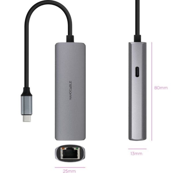 Hub USB Tipo-C 3.1 Nanocable 10.16.4603/ 1xUSB Tipo-C PD/ 1xRJ45/ Gris