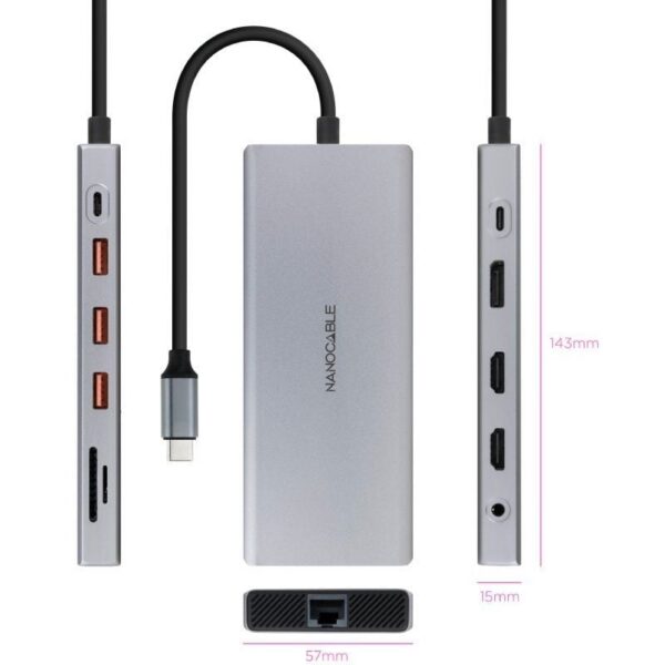 Docking Tipo-C Nanocable 10.16.4612/ 3xUSB/ 1xUSB Tipo-C/ 2xHDMI 4K/ 1xDisplayPort/ 1xRJ45/ 1xLector tarjetas/ 1xJack 3.5/ 1xUSB Tipo-C PD/ Gris