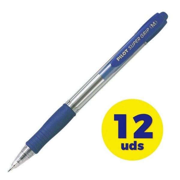 Pilot Super Grip - 12 Bolígrafos de Tinta de Aceite Retráctiles Azules