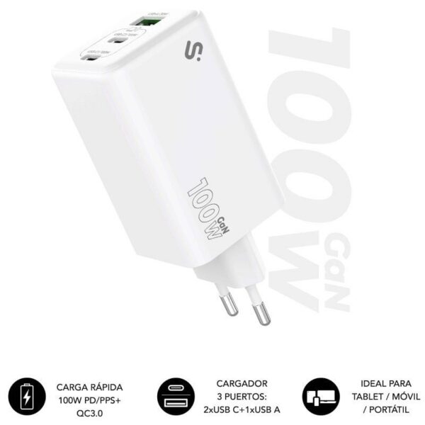 Cargador GaN SUBBLIM 100W - 3 Puertos USB-C + USB-A | Carga Rápida para Portátiles, Smartphones y Tablets