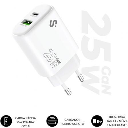 art_sub-carga20subchg-6g2510_1 Cargador de Pared GaN Subblim 25W Charger USB C+A/ 1xUSB Tipo-C/ 1xUSB/ 25W
