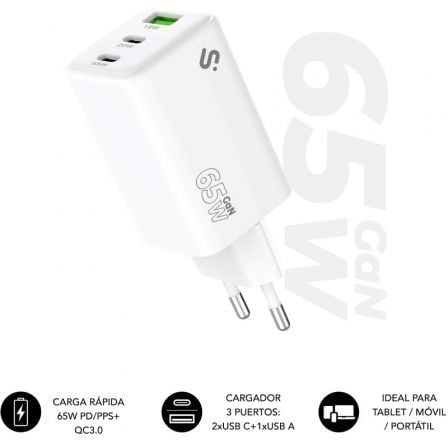art_sub-carga20subchg-6g6530_1 Cargador de Pared GaN Subblim 65W Charger USB C+C+A/ 2xUSB Tipo-C/ 1xUSB/ 65W