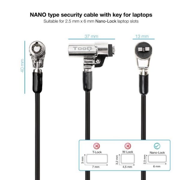 Cable de Seguridad Nano para Portátiles TooQ - 1.5m - Bloqueo con Llave