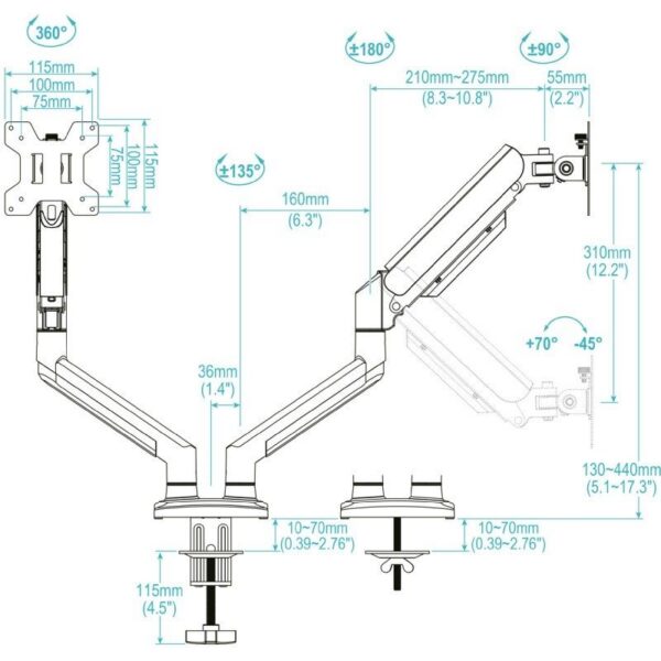 Soporte de Mesa Giratorio e Inclinable TooQ DB1434TNR-W - Hasta 10kg