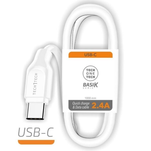 Cable USB Tipo-C Tech One TEC2903 - 1m Blanco - Carga Rápida y Duradera