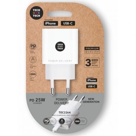art_tot-car20tec2264_1 Cargador de Pared Tech One Tech TEC2264/ 1xUSB Tipo-C/ 25W/ Blanco