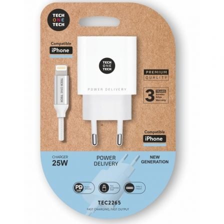 art_tot-car20tec2265_1 Cargador de Pared Tech One Tech TEC2265/ 1xUSB Tipo-C + Cable Lightning/ 3A/ Blanco