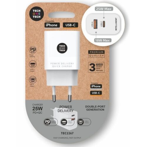 Cargador de Pared Tech One TEC2267 - 25W PD con USB-C y USB-A - Blanco