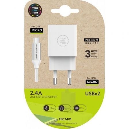 art_tot-car20tec2401_1 Cargador de Pared Tech One Tech TEC2401/ 2xUSB + Cable Micro USB/ 12W/ Blanco