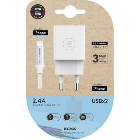 art_tot-car20tec2402_1 Cargador de Pared Tech One Tech TEC2402/ 2xUSB + Cable Lightning/ 12W/ Blanco
