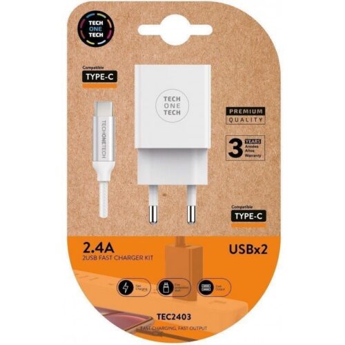 Cargador de Pared Tech One Tech TEC2403/ 2xUSB + Cable USB Tipo-C/ 12W/ Blanco