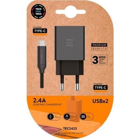 art_tot-car20tec2423_1 Cargador de Pared Tech One Tech TEC2423/ 2xUSB + Cable USB Tipo-C/ 12W/ Negro