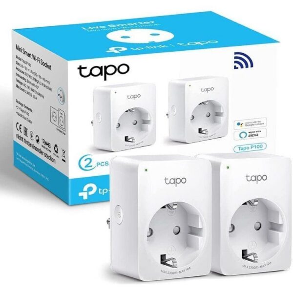 Enchufe WiFi Inteligente TP-Link Tapo P100 - Pack 2, Control por App y Voz