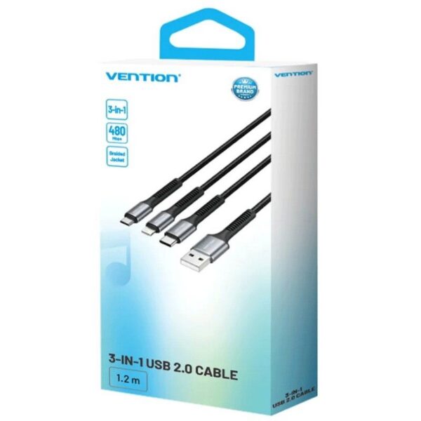 Cable USB 2.0 Lightning Vention H18BAV/ USB Tipo-C Macho/ Lightning Macho - MicroUSB Macho - USB Macho/ 1.2m/ Negro