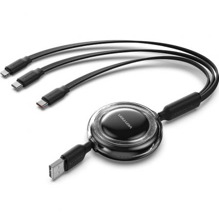 art_ven-cab20trjbbe_1 Cable USB Retráctil Vention TRJBBE/ USB Macho - Lightning/ 2xUSB Tipo-C/ Hasta 17.5W/ 10Gbps/ 1.1m/ Negro