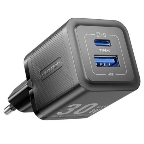 Cargador de Pared GaN Vention 30W Dual USB (USB-C + USB-A) - Carga Rápida y Portátil