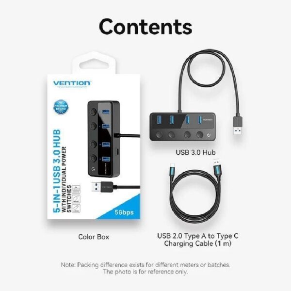 Hub USB 3.0 Vention 4 Puertos + USB-C PD con Cable de Carga