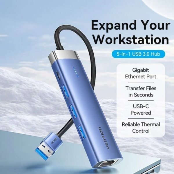 Vention Hub USB 3.0 5 en 1: 3xUSB, 1xRJ45, 1xUSB-C PD - 5Gbps