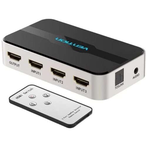 Vention AFJH0 - Switch HDMI 3x1 con Salida de Audio 4K, Control Remoto y Conectores de Oro