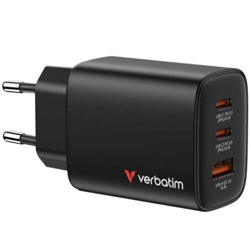 Cargador de Pared GaN 65W Verbatim Essentials - 3 Puertos USB-C + USB-A