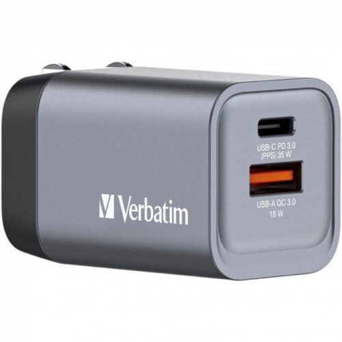 art_verb-carga20gnc-35_1-1 Cargador de Pared Universal GaN para Viaje Verbatim GNC-35/ 1xUSB Tipo-C/ 1xUSB/ 35W