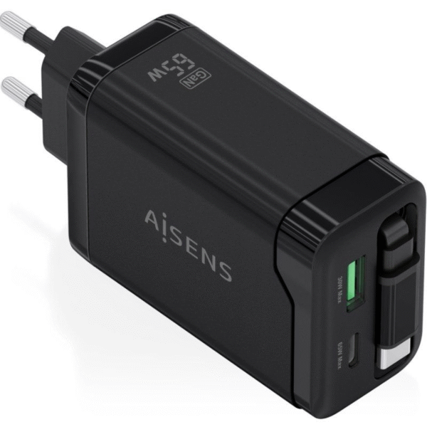 Cargador de Pared GaN Aisens ASCH-65W3P071-BK/ 1xUSB Tipo-C/ 1xUSB/ 65W/ Negro