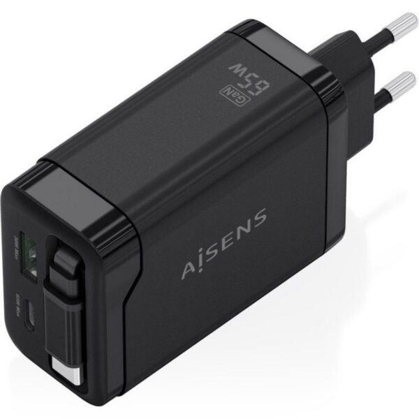 Cargador de Pared GaN Aisens ASCH-65W3P071-BK/ 1xUSB Tipo-C/ 1xUSB/ 65W/ Negro