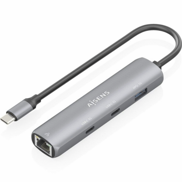 Hub USB Tipo-C Aisens ASUC-4P040-GR/ 2xUSB Tipo-C/ 1xUSB/ 1xRJ45/ Gris