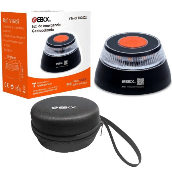 art_ebox-luz20v1620iot20eb250320f_1 Luz baliza de emergencia para coche Ebox V16 IoT EB2503/ Homologada/ Base Imantada/ Geolocalizable/ Funciona a Pilas/ Incluye Funda
