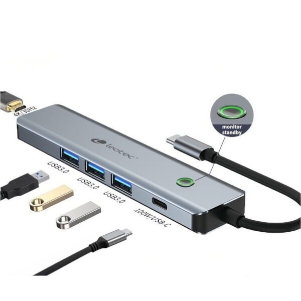 Docking USB Tipo-C Leotec LEDS05/ 3xUSB/ 1xUSB Tipo-C PD/ 1xHDMI 4K/ Gris