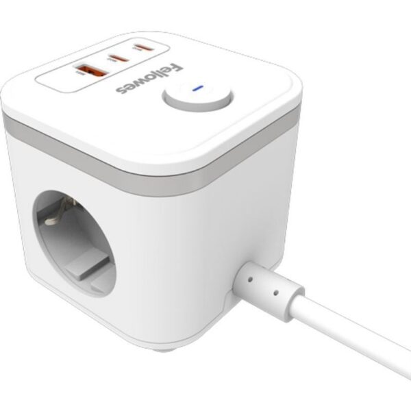 Regleta con Interruptor Fellowes/ 3 Tomas de corriente/ 1 USB - 2 USB Tipo-C/ Cable 2m/ Blanca
