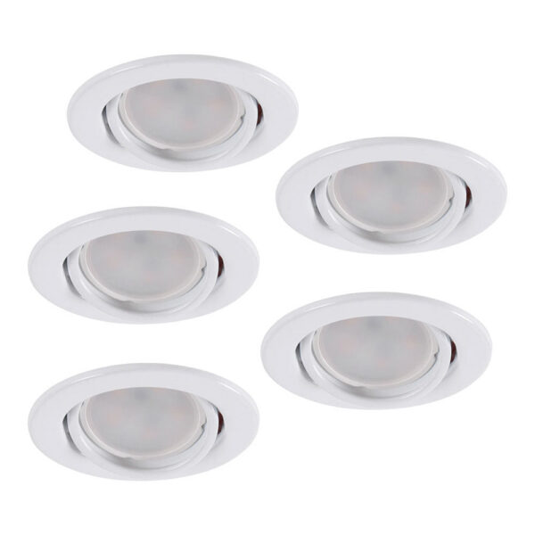Pack de 5 Bombillas LED GU10 6W 700Lm 6000ºK 40.000H - Aro Downlight Redondo Inclinable "Vepa" Acero 90mm - Blanco