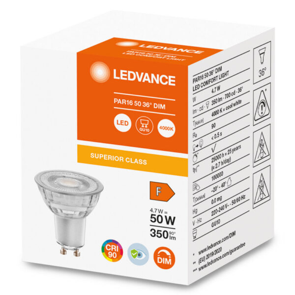 [LVE-4058075757882] Ledvance/Osram Bombilla LED Spot GU10 4,7W 350Lm 4000K 36º IP20 Regulable