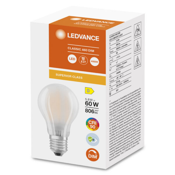 [LVE-4058075758988] Ledvance/Osram Bombilla LED "Classic" E27 5,8W 806Lm 4000K 300º IP20 Regulable