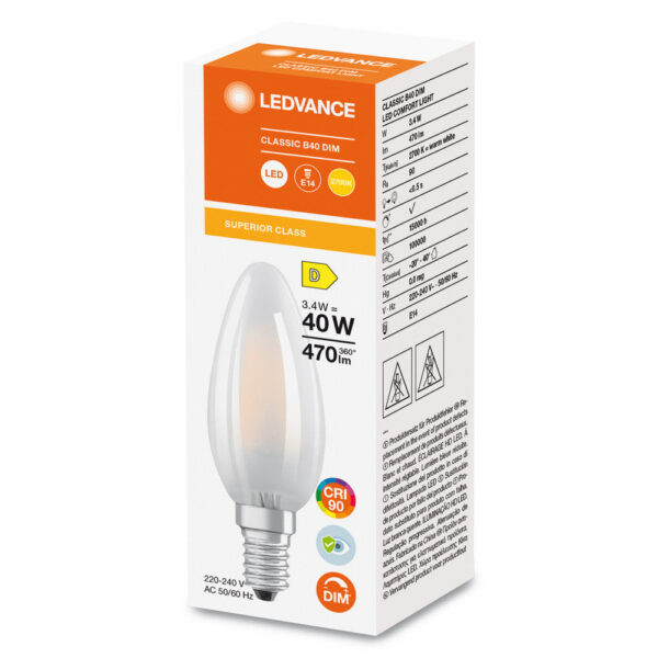 [LVE-4099854061738] Ledvance/Osram Bombilla LED "Classic" E14 3,4W 470Lm 2700K 300º IP20 Regulable