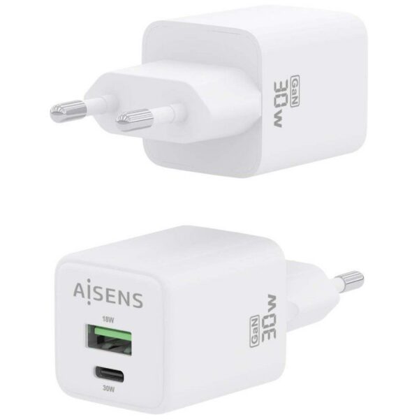 Cargador de Pared GaN Aisens ASCH-30W2P037-W/ 1xUSB Tipo-C/ 1xUSB/ 30W