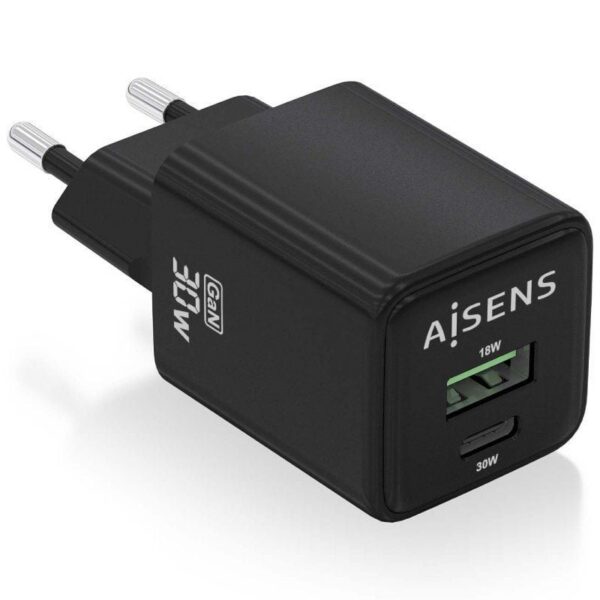 Cargador de Pared GaN Aisens ASCH-30W2P038-BK/ 1xUSB Tipo-C/ 1xUSB/ 30W