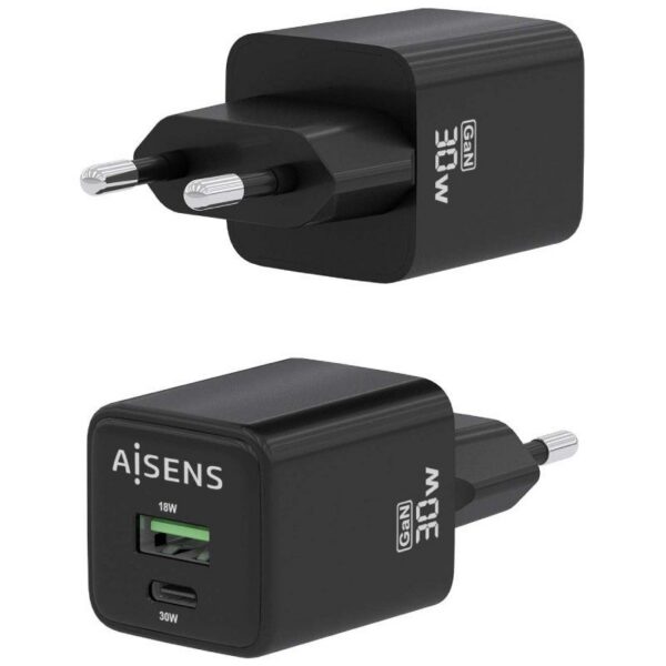 Cargador de Pared GaN Aisens ASCH-30W2P038-BK/ 1xUSB Tipo-C/ 1xUSB/ 30W