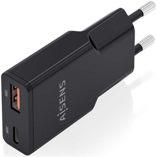 Cargador de Pared GaN Aisens ASCH-30W2P047-BK/ 1xUSB Tipo-C/ 1xUSB/ 30W/ Negro