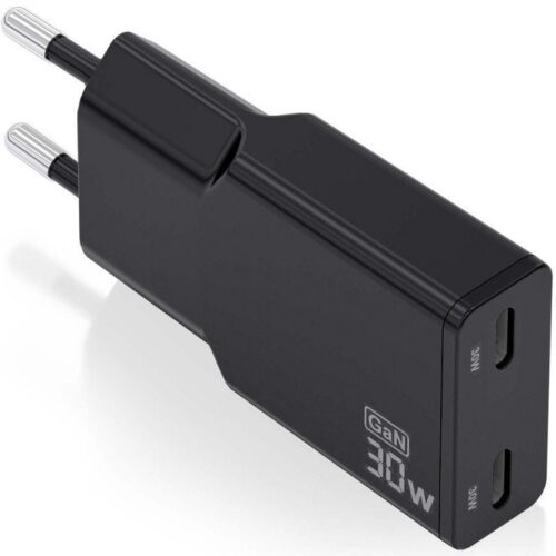 Cargador de Pared GaN Aisens ASCH-30W2P049-BK/ 2xUSB Tipo-C/ 30W/ Negro
