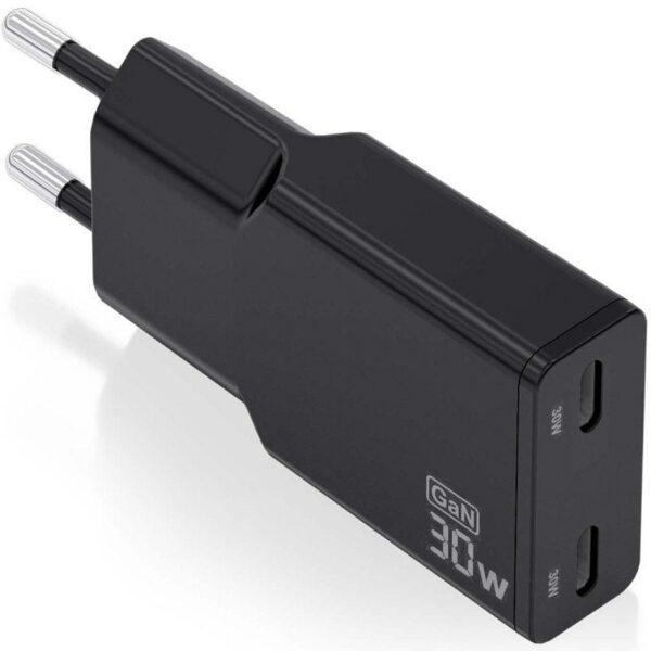 Cargador de Pared GaN Aisens ASCH-30W2P049-BK/ 2xUSB Tipo-C/ 30W/ Negro