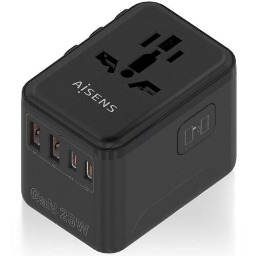 art_ais-carga20asps-2a2c08-bk_1 Cargador de Pared Universal GaN para Viaje Aisens ASPS-2A2C08-BK/ Toma de Corriente Universal/ 2xUSB Tipo-C/ 2xUSB/ 25W