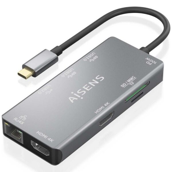 art_ais-hub20asuc-9p018-gr_1-2 Docking USB Tipo-C Aisens ASUC-9P018-GR/ 2xHDMI 4K/ 3xUSB/ 1xRJ45/ 1xLector Tarjetas/ 1xUSB Tipo-C PD/ Gris