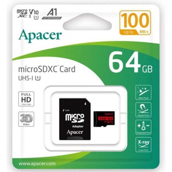 art_apa-microsd2064gb20ap64gmcsx1_1-2 Tarjeta de Memoria Apacer 64GB XC UHS 1 con Adaptador/ Clase 10/ 100MBs