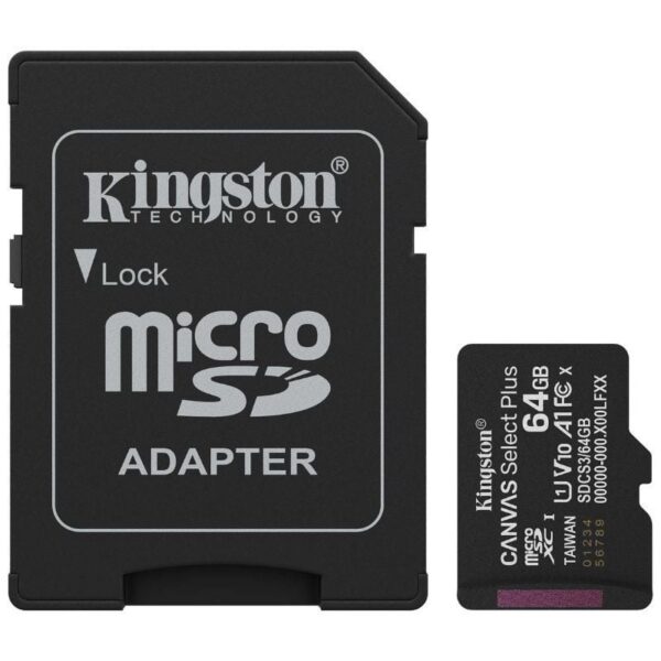 Tarjeta de Memoria Kingston CANVAS Select Plus 64GB microSD XC con Adaptador/ Clase 10/ 100MBs