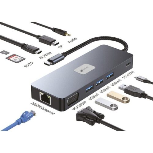 Docking USB Tipo-C Leotec LEDS03/ 3xUSB/ 1xUSB Tipo-C PD/ 1xHDMI 4K/ 1xDisplayPort/ 1xVGA/ 1xAudio/ 1xRJ45/ 1xLector Tarjetas SD y MicroSD/ Gris