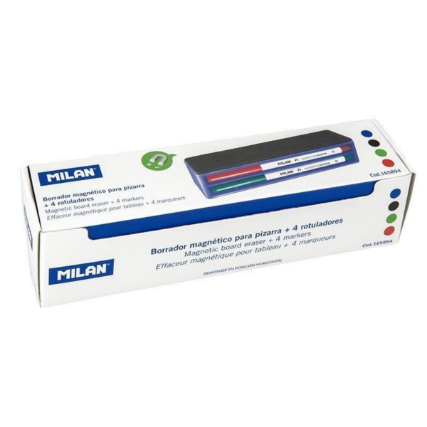 Pack Milan 165894/ Borrador de Pizarra Magnético + 4 Rotuladores para Pizarra/  3.7mm/ Colores Surtidos